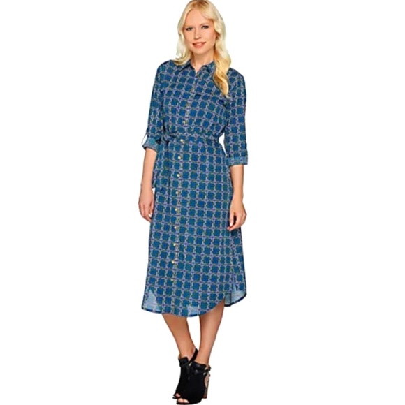 C. Wonder Midi Length Lattice Print Button Front Shirt Dress Blue/Green SZ 14 - Picture 1 of 16